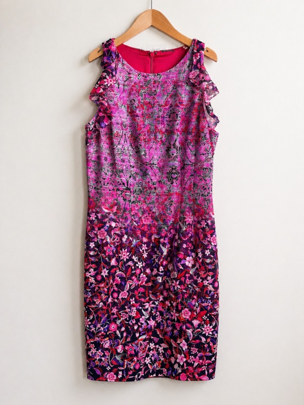 Elie Tahari Pink Floral Ruffle Sleeve Sheath Dress Silk Blend Size 6